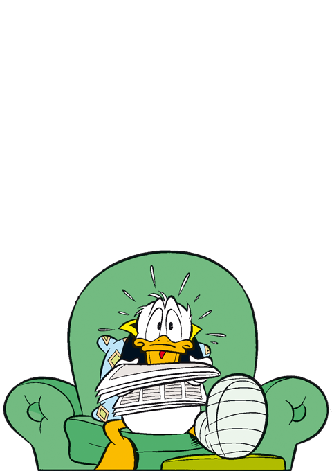 Donald Duck sitzt mit Gipsbein auf einem grünen Sessel