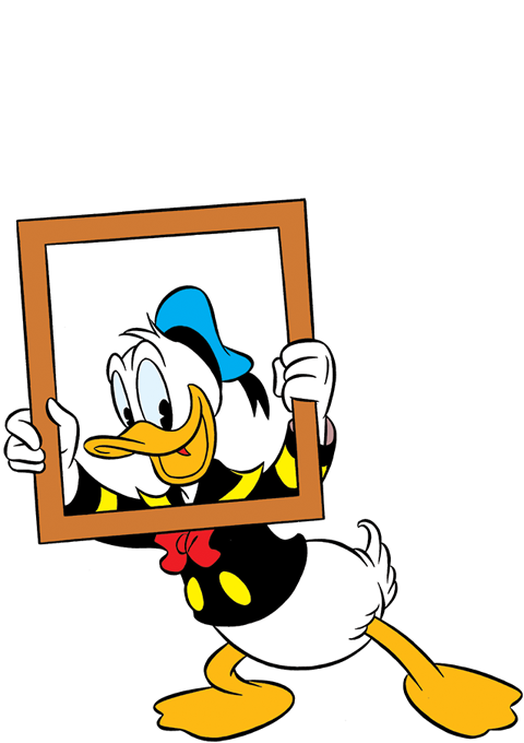 Donald Duck hält einen leeren Bilderrahmen vor seinem Kopf