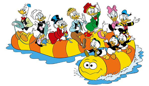 Familie Duck sitzt auf einer Riesenraupe im Wasser