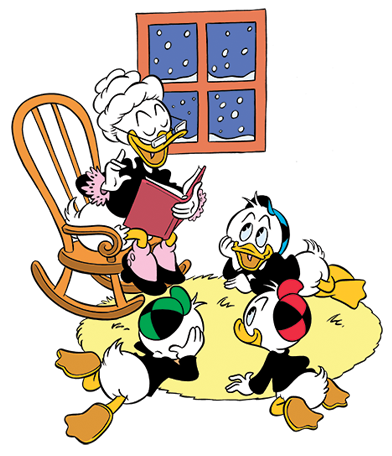 Oma Duck sitzt im Schaukelstuhl und liest Tick, Trick und Track etwas vor