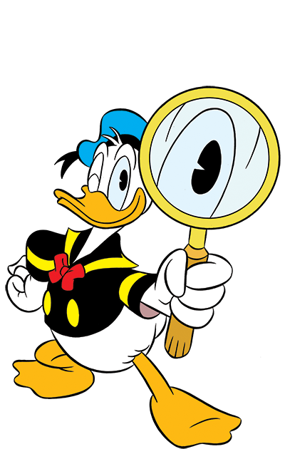Donald Duck mit einer großen Lupe in der Hand