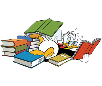 Donald Duck liegt in einem großen Stapel voller Bücher