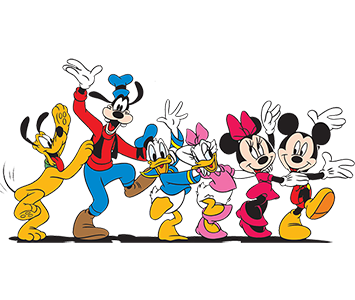 Pluto, Goofy, Donald, Daisy, Minnie und Micky tanzen zusammen