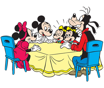 Micky, Minnie und Pluto sitzen mit Mack und Muck um den Tisch herum