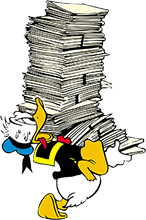 Donald Duck trägt einen riesigen Papierstapel
