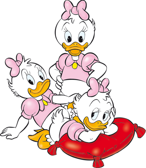 Dicky, Dacky und Ducky posieren mit einem roten Kissen