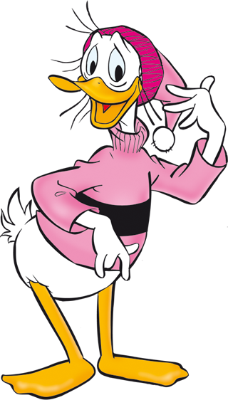 Dussel Duck mit rosa Pullover und rosa Pudelmütze